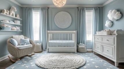 A serene baby nursery with calming blue walls, airy curtains, and cozy furniture creating a peaceful environment.