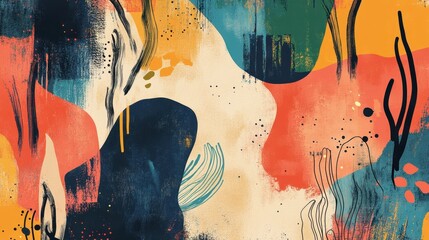 abstract art poster , dynamic interplay of bold geometric shapes and fluid organic forms, curved lines, dynamic space. 