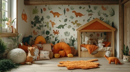 A playful and vibrant children's room featuring dinosaur-themed wallpaper and colorful decor.