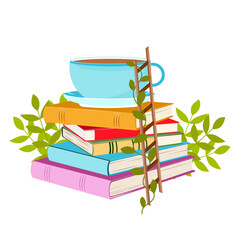 Books stacked on top of each other with a large cup of coffee on top and a ladder on the side