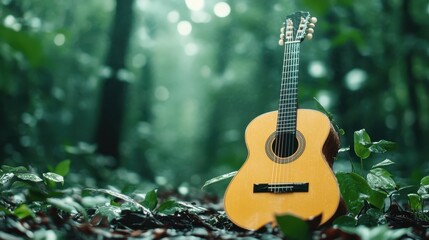 A wooden acoustic guitar stands gracefully amidst a verdant forest, capturing the essence of harmony between music and nature in a tranquil setting.