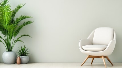 This image presents a scenic view of a modern living room with a stylish, cozy chair and lush plants, creating an inspiring and peaceful atmosphere for relaxation.