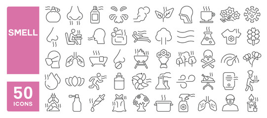 Set of 50 line icons related to smell, nose, steam, smoke, odor, scent, perfume, odorless, stink, olfaction, nasal, aromatic, Editable stroke. Vector illustration