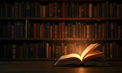 Fototapeta premium Open magical book glowing softly on a dark wooden table in a vintage library