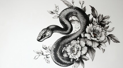 Elegant Monochrome Snake Tattoo Design with Detailed Floral Arrangement Black Ink Botanical Illustration Artistic Serpent Graphic dark wild power     
