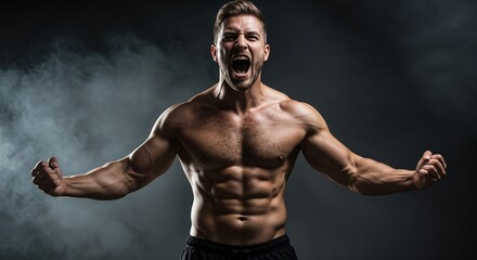 Obraz premium A man poses shirtless, flexing his muscles, in a dynamic stance with clenched fists and a determined facial expression.