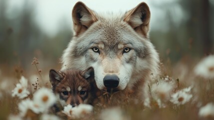 Obraz premium A stunning close-up presents a beautiful adult wolf alongside its adorable pup, portraying the bond of family within nature and reflecting love, loyalty, and the wild spirit of life.