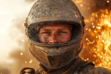 Fototapeta premium A firefighter standing boldly amidst flames, showcasing bravery and resilience in a dangerous job, ready to protect and serve.