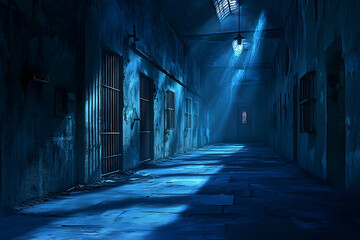 Fototapeta premium Mysterious prison hallway bathed in moonlight.