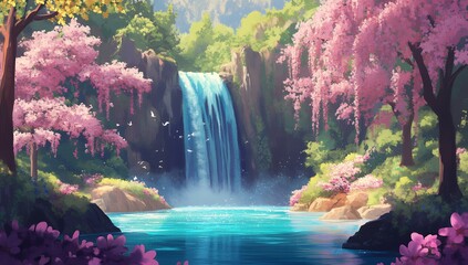 Serene Waterfall Landscape with Pink Cherry Blossoms and Lush Greenery