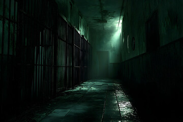 Fototapeta premium A decaying prison corridor, dimly lit by a single light source.