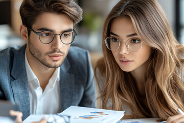 A focused young couple reviewing project documents together in a modern office setting, showcasing collaboration and teamwork.