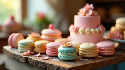 A delightful arrangement of pastel-colored macarons and a delicately decorated two-tiered cake, perfect for a charming celebration