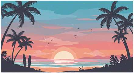 Obraz premium Tropical Beach Sunset with Palm Trees and Surfboards