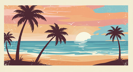 Fototapeta premium Tropical Beach Sunset with Palm Trees and Ocean View