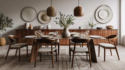 Minimalist dining with neutral plates and polished wood grains