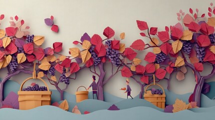 Paper cut illustration of grape harvest with farmers, autumnal scene. Perfect for greeting cards, posters, and seasonal designs.