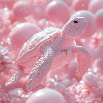 Dreamy pink turtle in a sea of bubbles, a surreal marine artwork