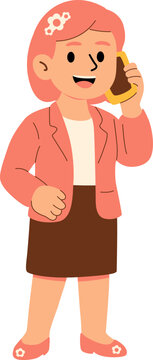 Cartoon Woman in Business Attire Talking on a Mobile Phone