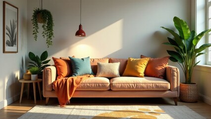 A sunlit living room featuring a peach-colored sofa adorned with a variety of textured throw pillows and a warm-toned throw blanket, complemented by lush potted plants and a minimalist side table