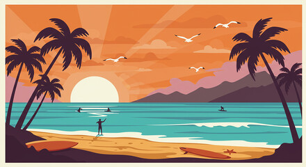 Obraz premium Tropical beach scene with surfers and palm trees at sunset