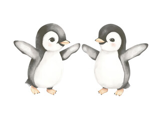 Naklejka premium Illustration Of Two Cute Penguins With Transparent Background In Watercolor Style
