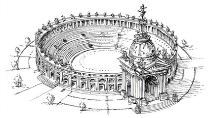 Obraz premium Detailed Black And White Architectural Sketch Of An Oval Stadium