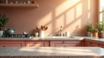 Empty wooden table with the bright white interior of the kitchen as a blurred background behind the bokeh golden sunshine