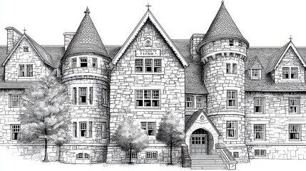 Detailed Black and White Illustration of a Historic Stone Building
