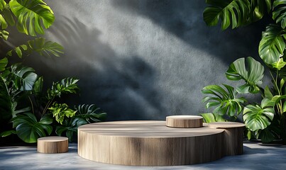 Wooden podium display with lush greenery