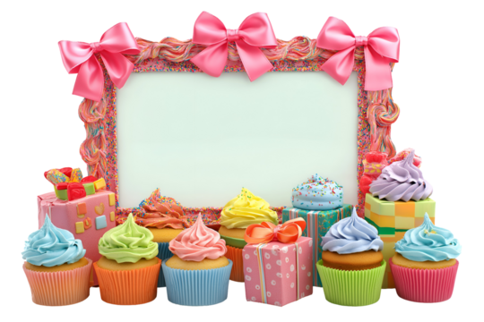 A frame border made of birthday presents ribbons and cupcakes, isolated on white background