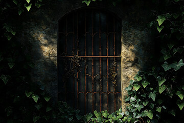 Dark, barred stone archway hidden by overgrown foliage.