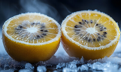 Freshly sliced yellow citrus fruit halves with frost on a dark, misty background