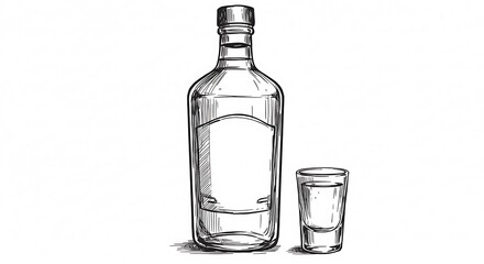 Bottle and Shot Glass Sketch Illustration on White Background