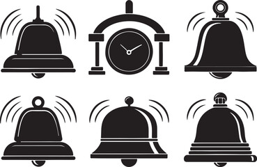 Set of 6 silhouette icons related to alarm and bell. Flat black color icon collection. Editable filled design art. Vector illustration.
