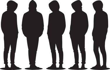 Set of 6 silhouette icons related to all sides of hoodie style and fashion. Flat black color icon collection. Editable filled design art. Vector illustration. © Md Mujahid Fakir
