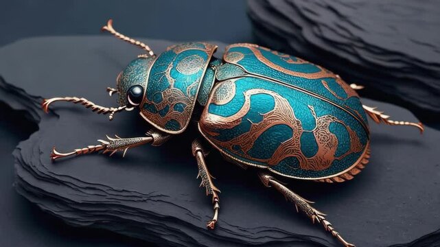 Detailed close-up of a turquoise beetle with ornate copper detailing resting on dark layered shale, showcasing intricate design and texture.