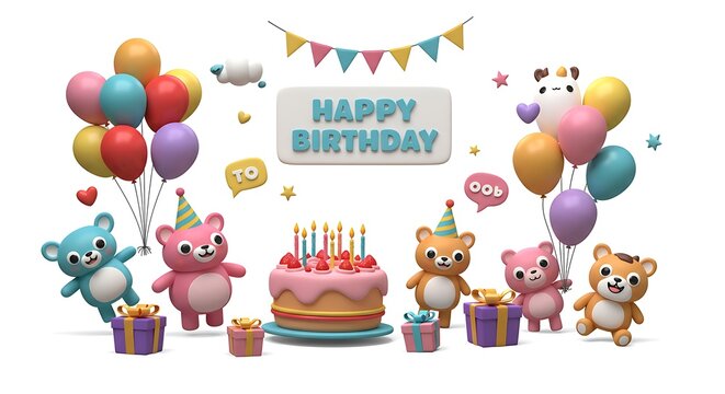 Celebrating Birthday with Bears, Cake, and Balloons on White