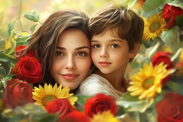 Fototapeta premium A heartwarming portrait of a mother and son surrounded by flowers.
