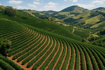 Naklejka premium Aerial view of coffee plantation on rolling hills in Brazil
