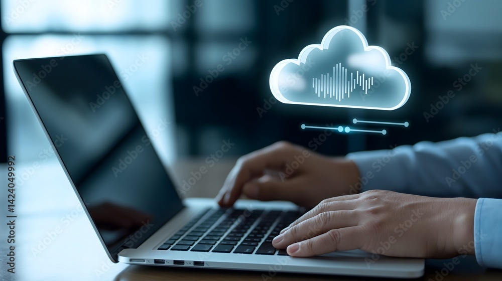 Poster a businessman working on a laptop with an augmented reality interface showing cloud document icons, 