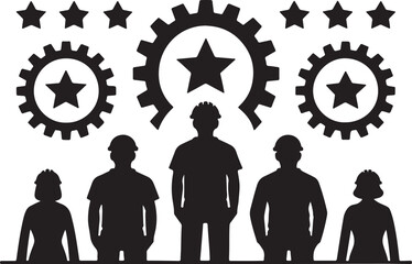 Set of 6 silhouette icons related to cooperation. Flat black color icon collection. Editable filled design art. Vector illustration.