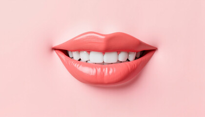 Smiling lips showing teeth against a soft pink background  