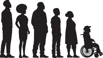 Set of 6 silhouette icons related to diversity. Flat black color icon collection. Editable filled design artVector illustration.