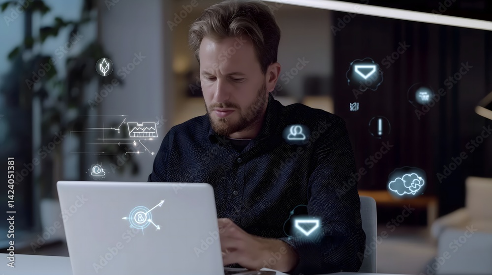 Poster augmented reality display of floating file icons, cloud storage folders, and sync arrows surrounding