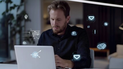 Augmented reality display of floating file icons, cloud storage folders, and sync arrows surrounding a focused businessman using a laptop, representing digital file transfer and backup solutions.