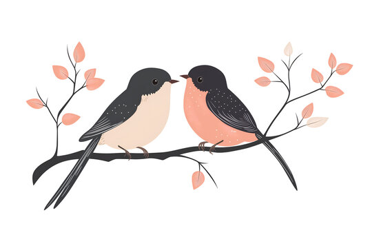 A pair of lovebirds on a branch for a romantic holiday, isolated on white background