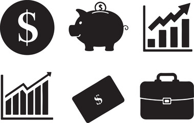 Set of 6 silhouette icons related to finance. Flat black color icon collection. Editable filled design art. Vector illustration.