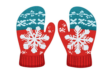 A pair of knitted  gloves winter mittens with a snowflake pattern isolated on white background
