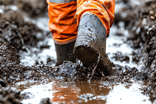 A worker steps through muddy terrain, showcasing the challenges of outdoor tasks in wet conditions.